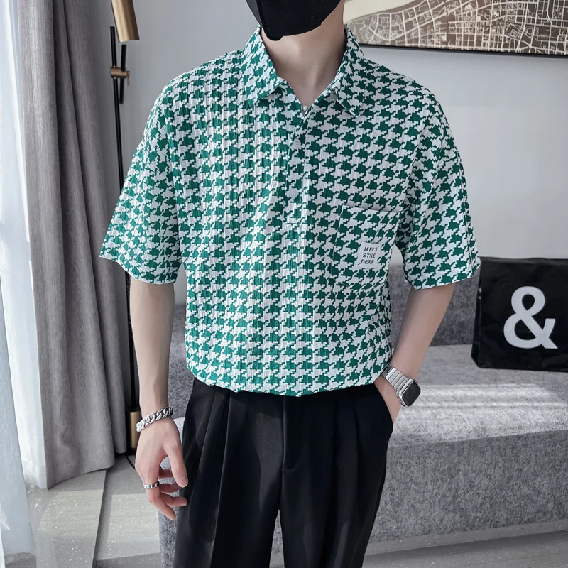 Summer Houndstooth Plaid Loose Shirts Men Hawaiian Short Sleeve Mens Social Dress Casual Beach Button Up Blouse Hommes 240716