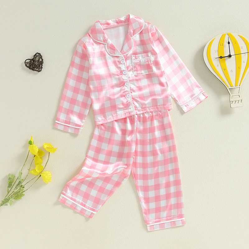 Childrens and womens satin sleepwear autumn set plain printed button down shirt long pants bottom sleepwear lounge setW240716