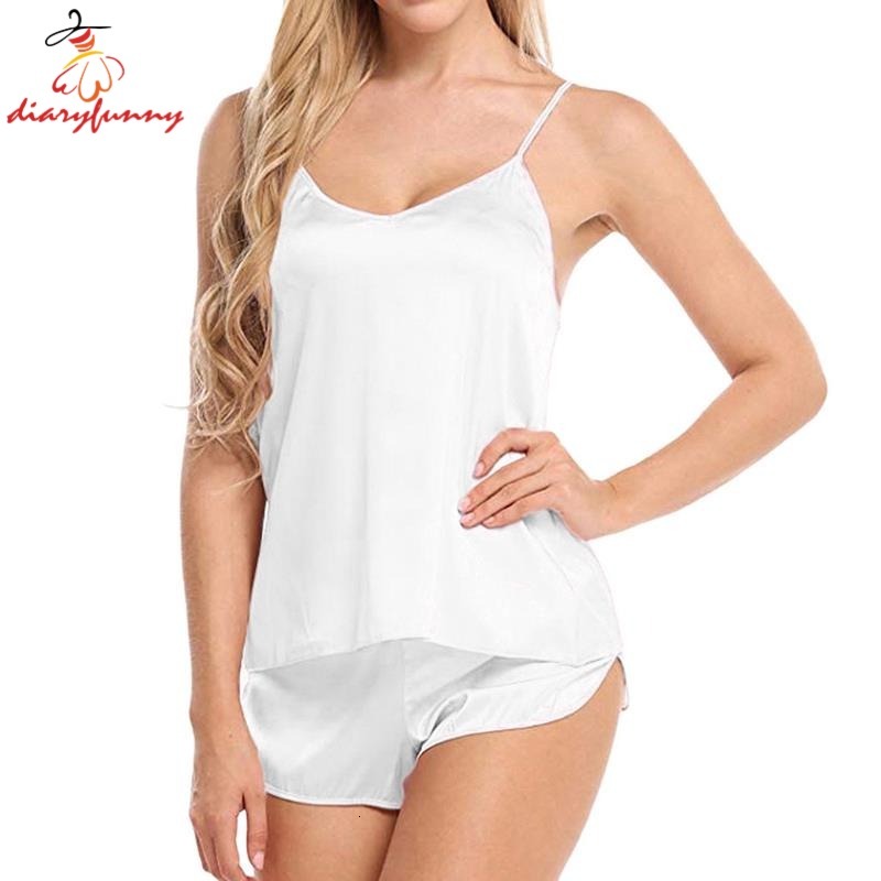 Women Sexy Simulation Silk Thin Set V-neck Camisole Sleeveless Shorts Female Pamas sleepwear terno women diaryfunny
