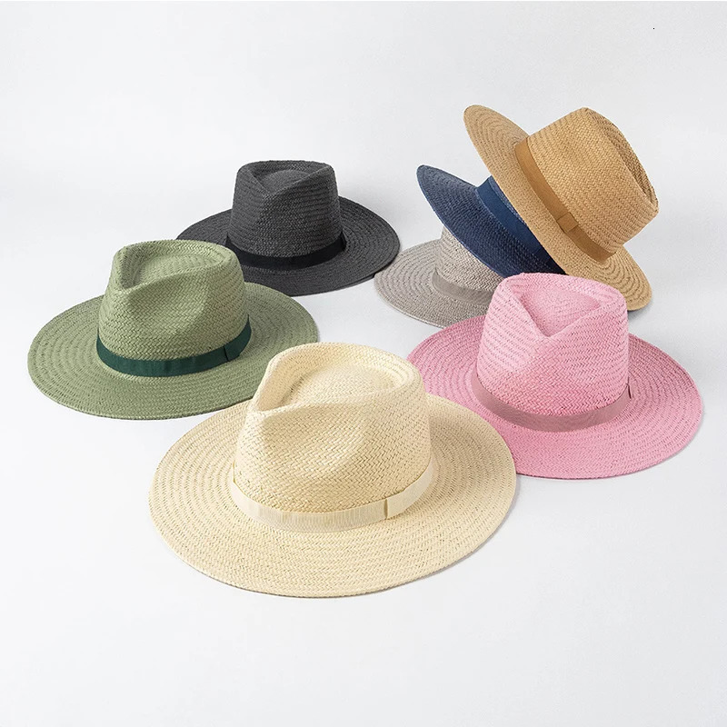 Plain Band Panama Straw Hats for Women Summer Beach Hats Wide Brim Sun Hat Funeral Church Derby Fedora Cap UPF50 240711