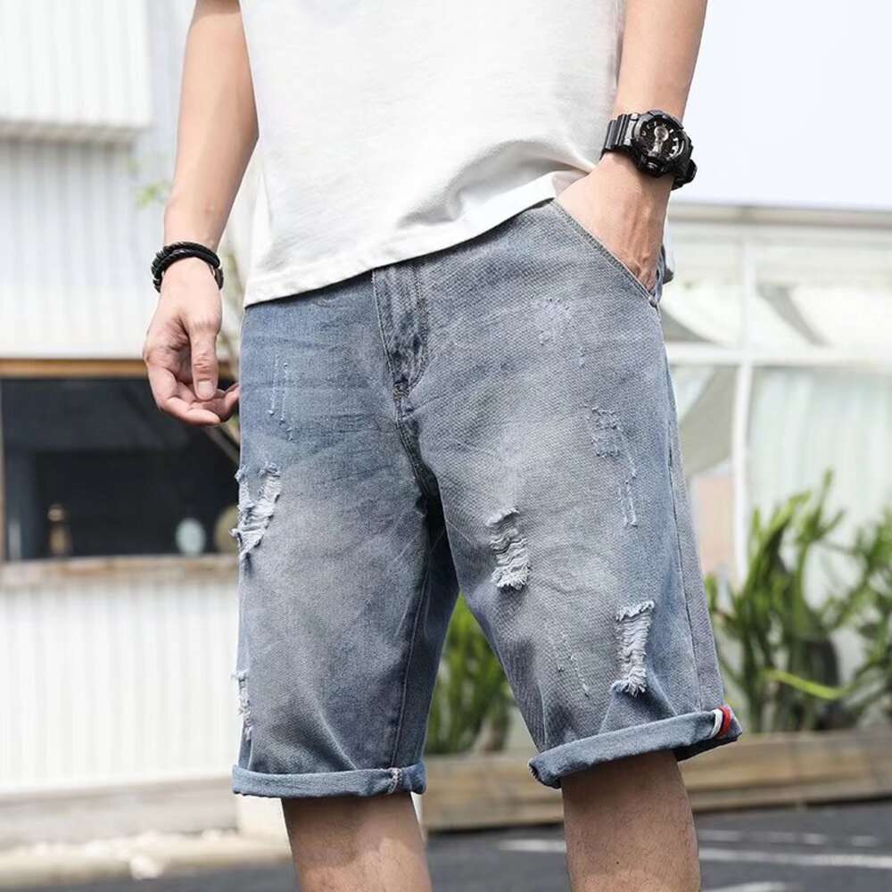 Summer five quarter jeans Korean version trendy brand men's short mid ripped pants