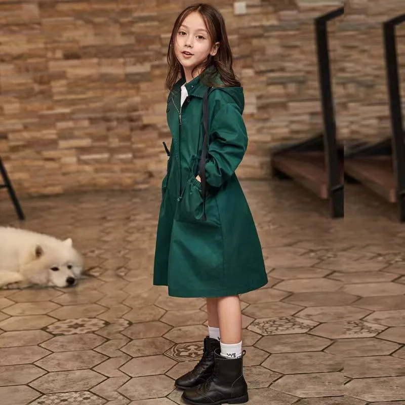 Teenage Girl Long Trench Coat For Kids Solid Hooded Fashion Windbreaker Young Children Autumn Outerwear Clothing Girls Jacket 15 240711