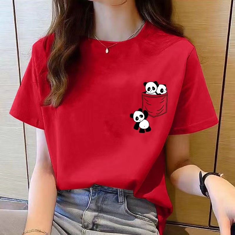 Year's clothing, women's tops, new Women's Short Sleeve Top Summer New pocket panda Cartoon Printed T-shirt Korean fashion tops Loose r