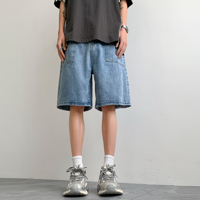 Denim shorts for men's summer loose fit straight leg shorts, American casual fashion brand five piece pants