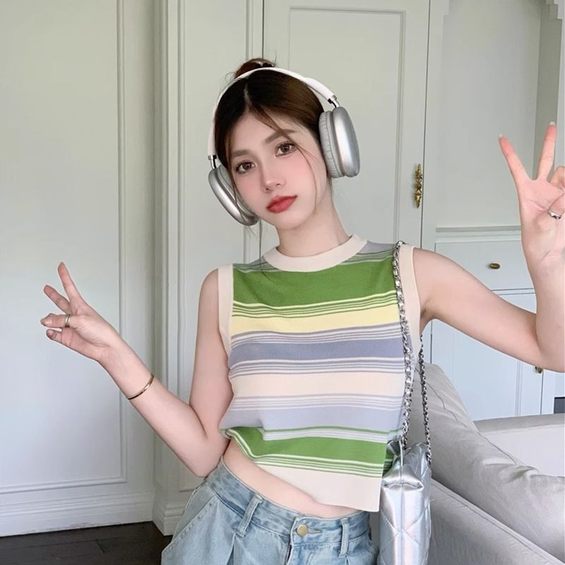 Summer new striped knitted small camisole vest women, slim fit for wearing outside and on the inside, sleeveless spicy girl top, cool silk