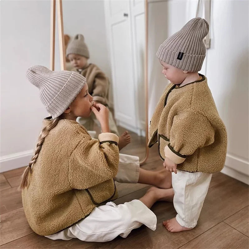 EnkeliBB Toddler Boys and Girls Winter Autumn Jackets White Brown Solid Color Kids Loose Stylish Coats 240717