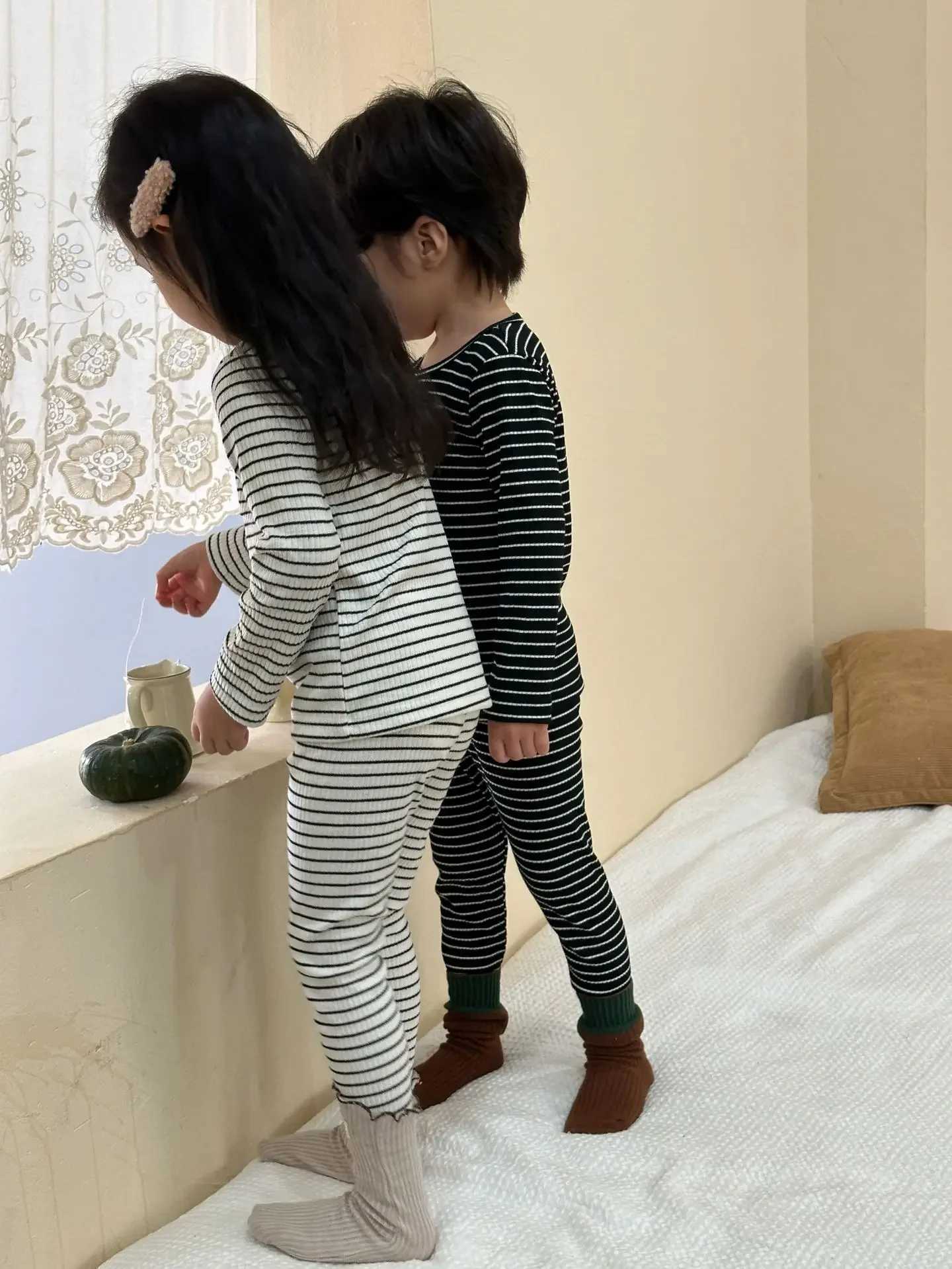 Autumn Baby Boys Striped Pajama Set Childrens Hot Underwear Childrens Pajama Lounge Clothing Cotton Girls Evening DressW240716