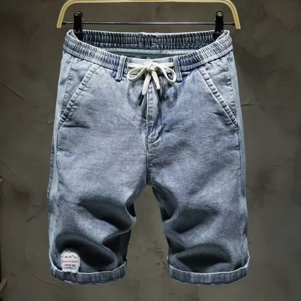 Youth Work Denim Shorts Men Loose K-style Trendy Elastic Waist Drawstring Fifth Summer Thin Men's Pants