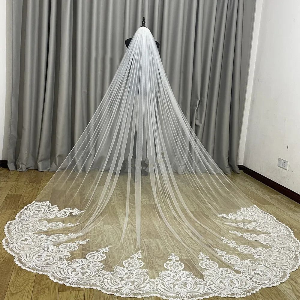 4M Luxury Lace One Layer Veil Cathedral Veil Tulle Bridal Veil With Comb Ivory White Veil Custom Made Wedding Accessories Custom made 2024
