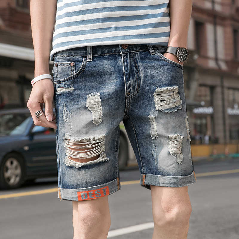 Mens Denim Shorts, Blue Jeans for Men, Straight Holes Tight Jeans, Casual Summer Night Club Cotton Pants, Italy Style 2024 Collection