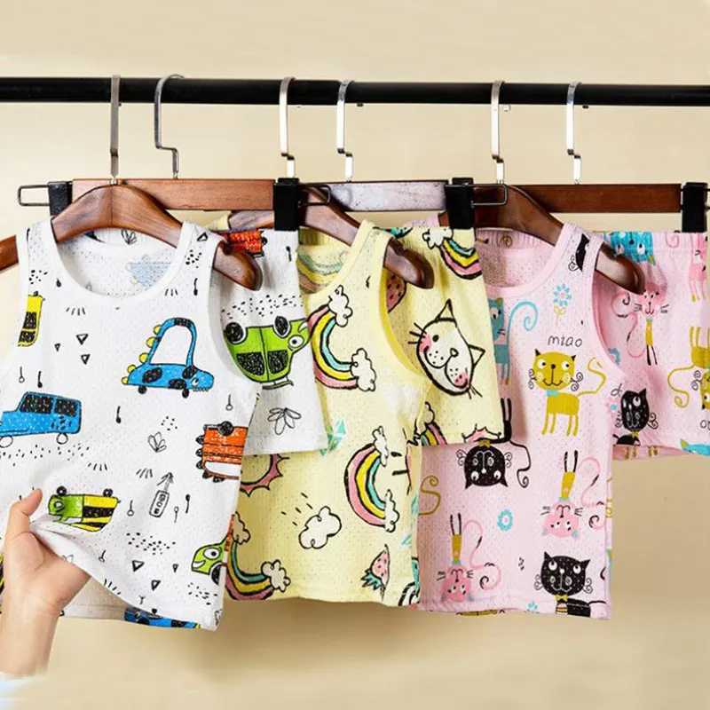 Childrens pajamas summer clothing set boys and girls vest top+shorts pajamas cartoon lion cotton childrens pajamasW240716
