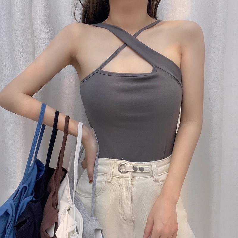 Sexy Hanging Neck Tank Outwear Bottom Top Slim Fit Short Women's Sports Spicy Girl Cross Back Beauty for Women