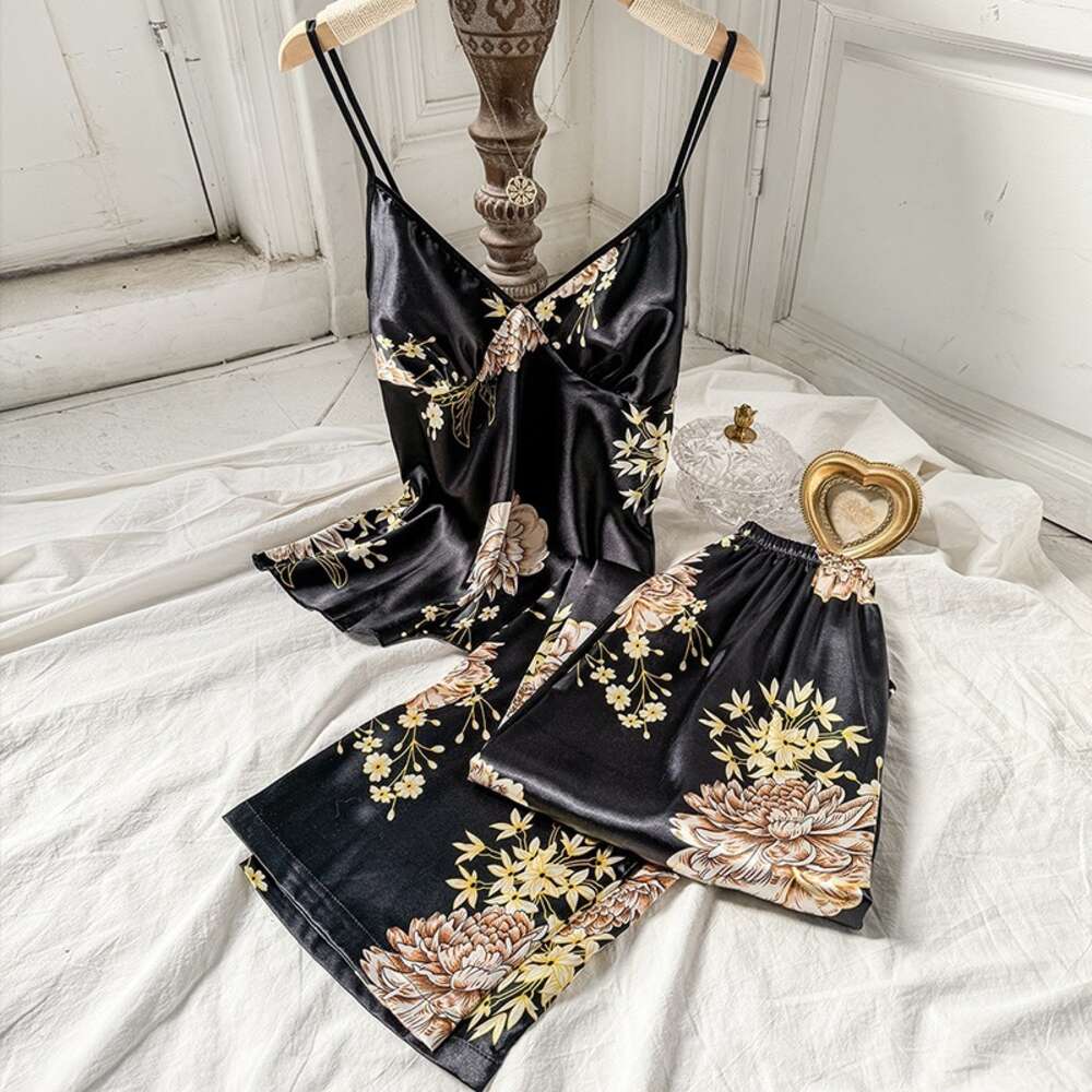 Floral Pama Ladies Sexy Silk Satin Sleepwear Set Top and Pant 2 Pices Beautiful Nightwear