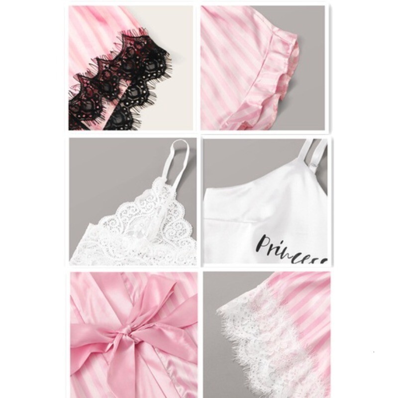 3PC Silk Robe Sleep Suit Womens Lace Satin Pajamas Gown Set V-neck Cami Nighties Wear Pijama Home Nightwear Spring Nightdress