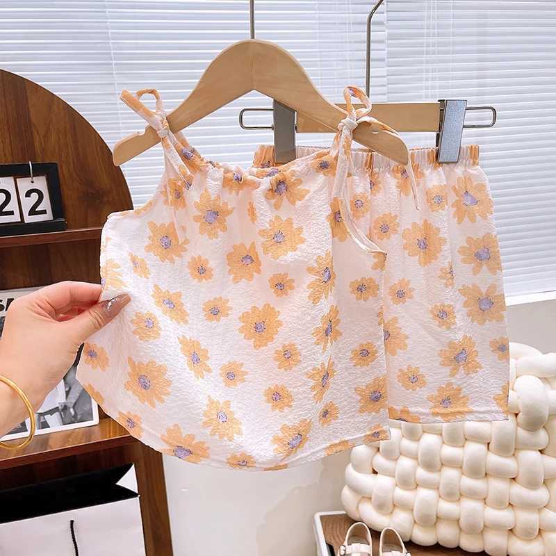 Childrens Home Clothing Baby Pajama Set Cute Flower Pattern Childrens Pajamas Childrens Summer Sleeveless Baby PajamasW240716