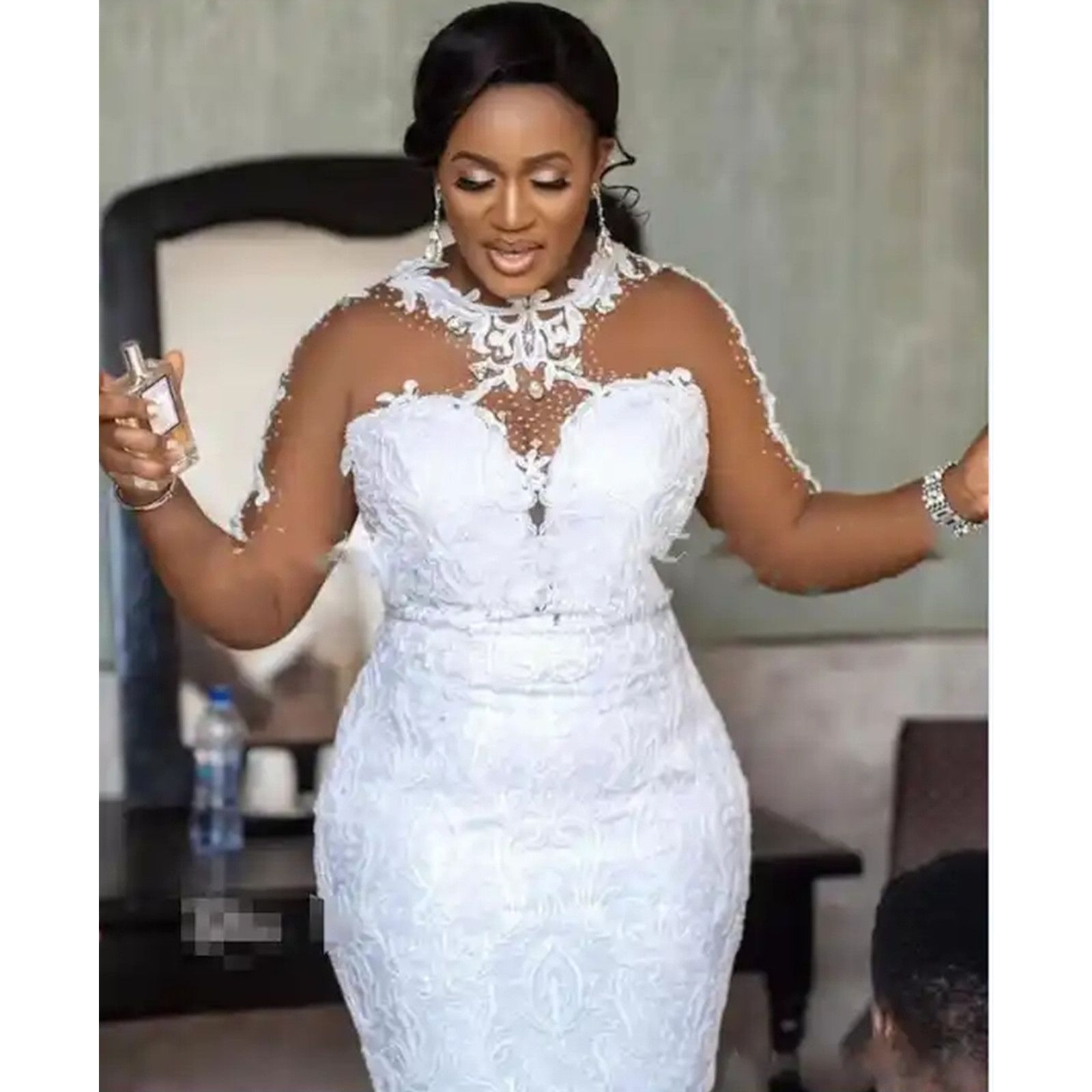 Arabic Aso Ebi Plus Size Bridal Gowns Lace Crystals Long Sleeves Wedding Dress Sheer Neck Pearls Beaded Tiers Bridal Dress Custom made