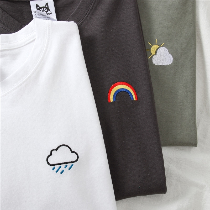 SUXI Round Neck Korean Rainbow Embroidery Short Sleeve Shirt T-shirt