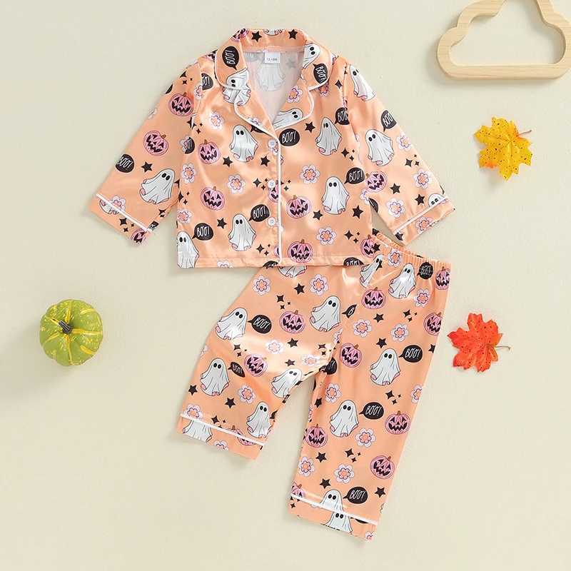 Visgogo Preschool Girls Halloween Pajama Set Long Sleeve Collar Ghost Pumpkin Printed Shirt Elastic Waist Pants Satin W240716