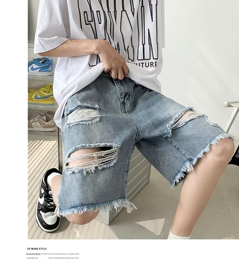 Perforated denim shorts summer thin, loose, straight leg pants, trendy Instagram for men's casual 5-point medium pants
