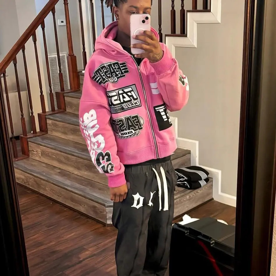American pink sweatshirt zip up hoodie streetwear oversized 2000s haruku y2k tops casual hoodies tracksuit men clothing 240715