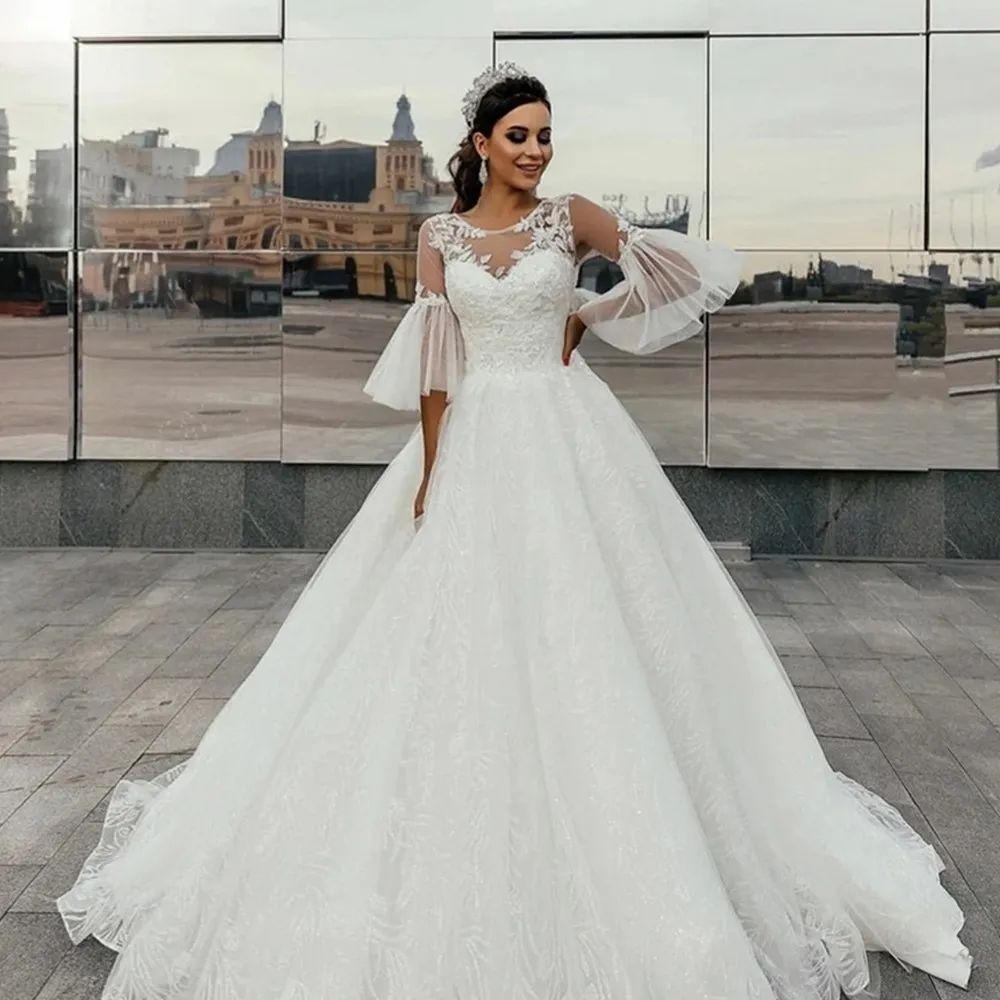 Scoop Neck A Line Wedding Dresses With Juliet Half Sleeves Lace Appliques Bridal Gowns Lace-up Back Tulle Second Recption Dress Custom made