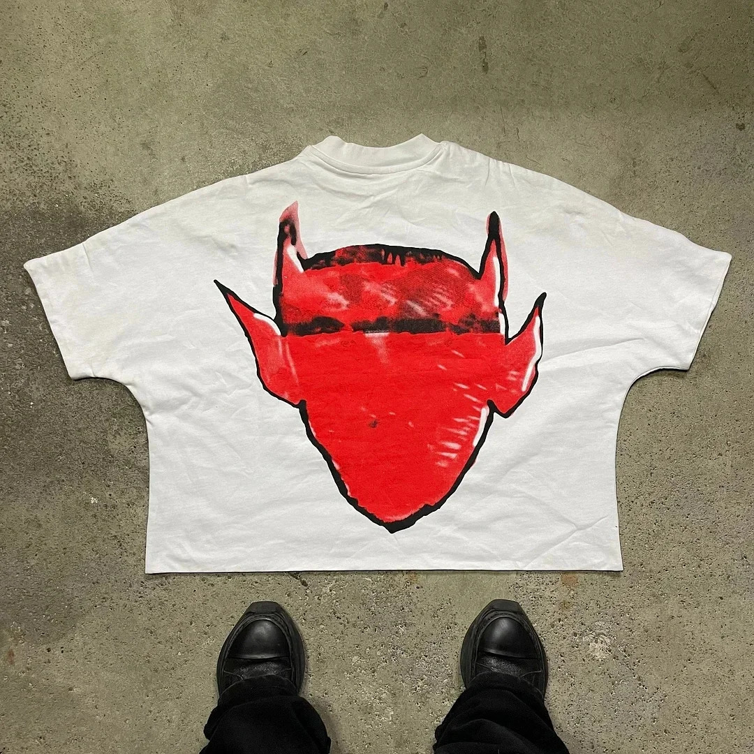 Y2K Cartoon Devil Graphic Print Oversized T Shirt for Men Women Hip Hop Gothic Streetwear Round Neck Cotton Short Sleeve Top 240712