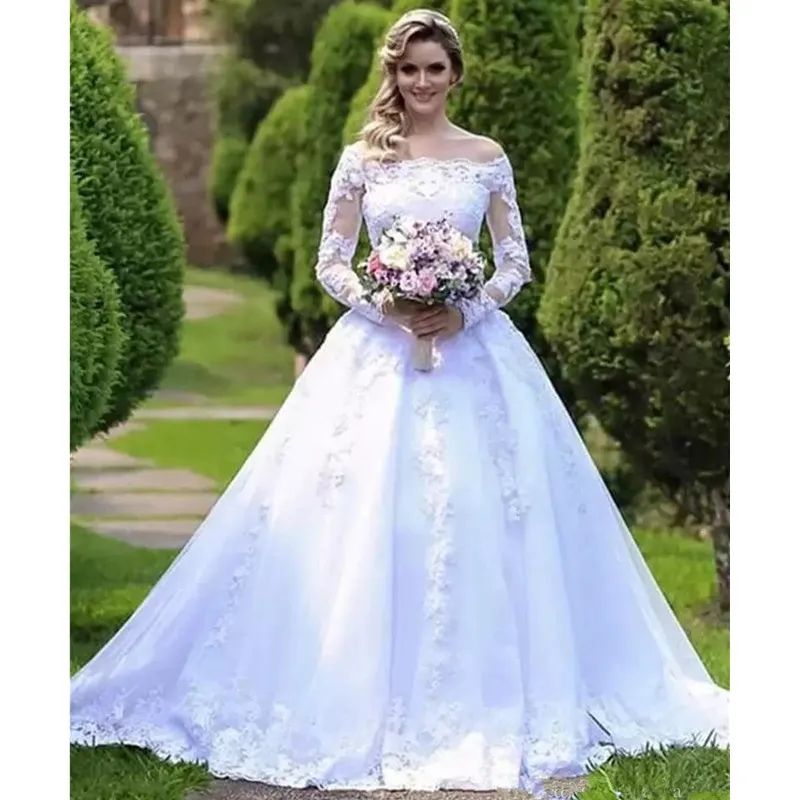 Arabic Bateau Ball Gown Long Sleeves Wedding Dresses Applique Floor Length Formal Bridal Gowns Chapel Garden Country Plus Size Custom made
