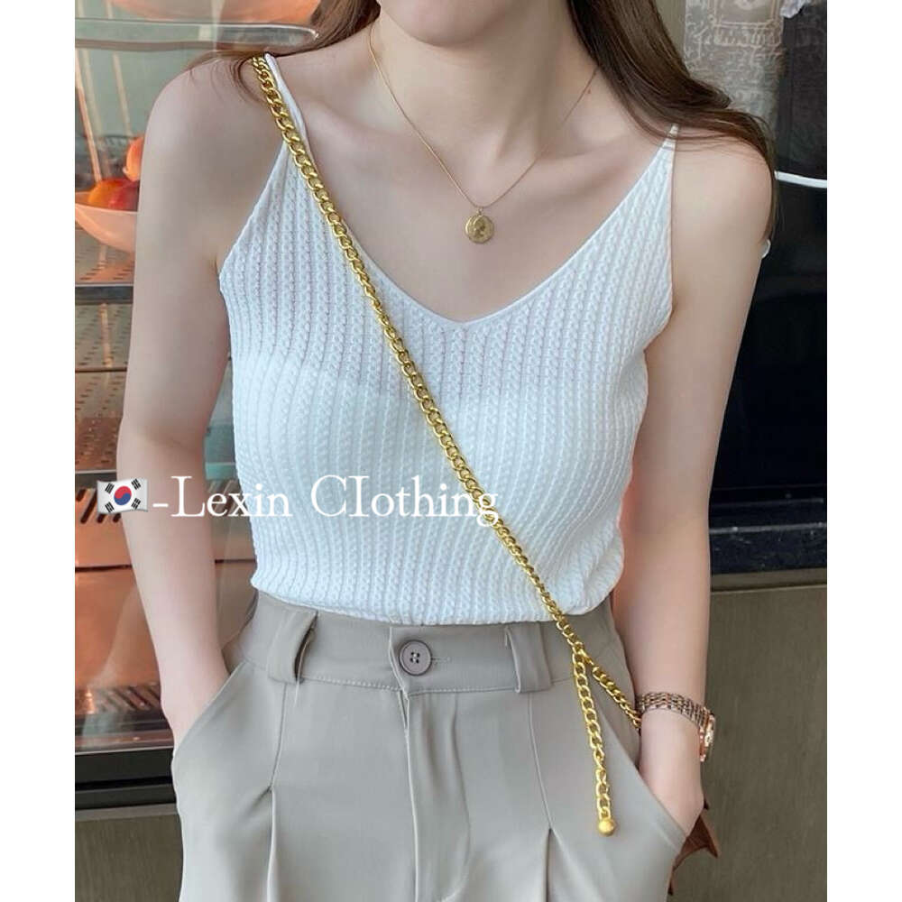 Knitted camisole women's suit with white undershirt, sexy V-neck summer outfit, tight fitting sleeveless top