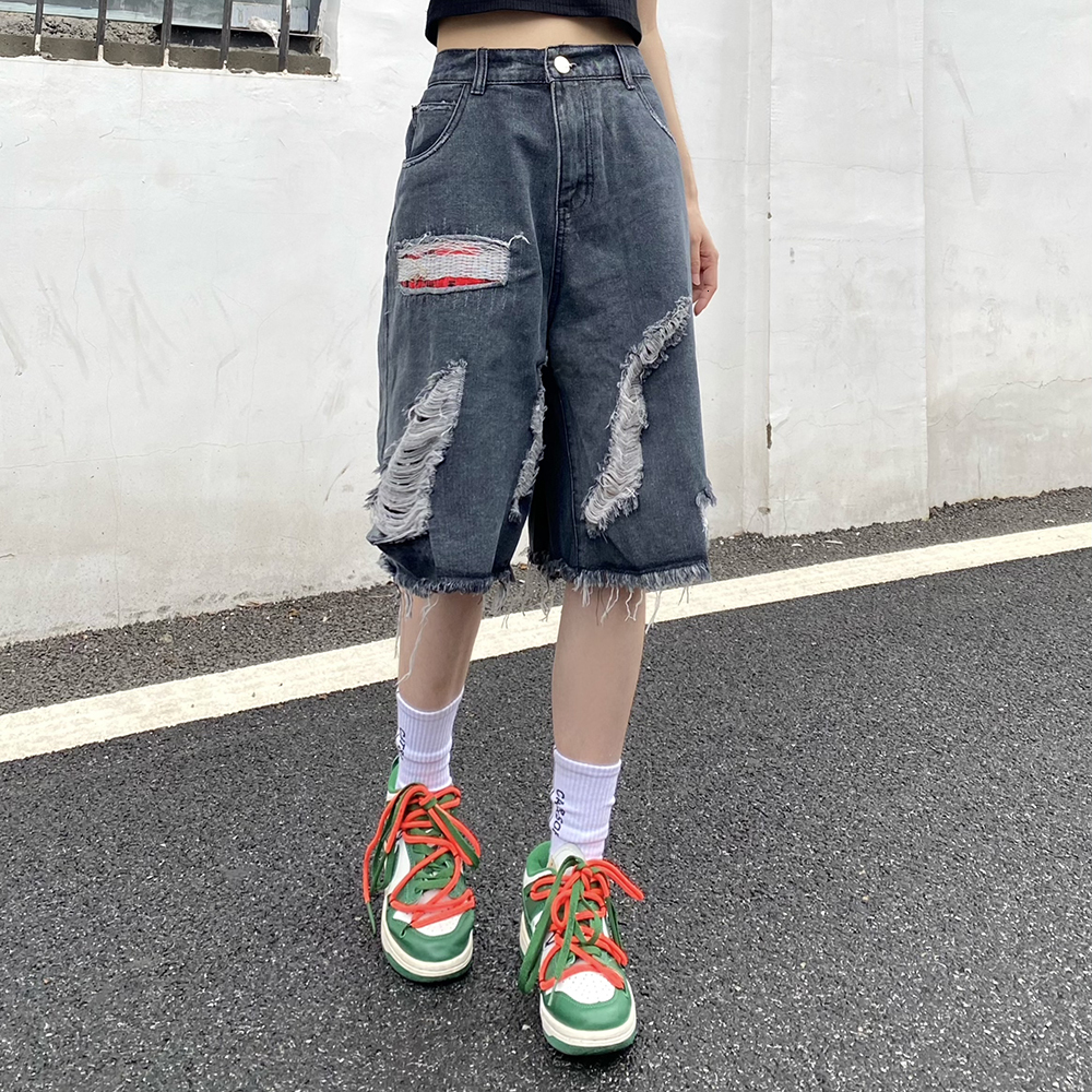 ~Trendy dressing with patch fabric, holes, casual loose denim shorts, men's and women's cropped pants