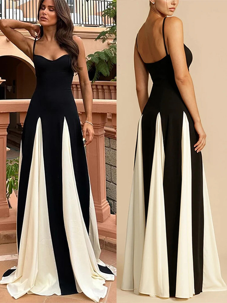 Black White Patchwork Strap Midi Dress Women Sexy Sleeveless Female Sling Elegant Party Dresses 2024 Club Vestidos Fashion 240715
