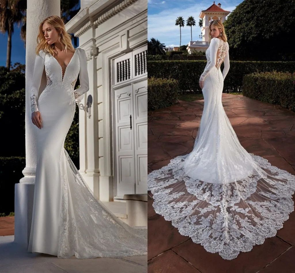 Boho Trumpet Mermaid Wedding Dresses With Long Sleeves V Neck Lace Appliqued Bridal Gowns Court Train Illusion Back Slim Fitted Elegant Satin Robes de