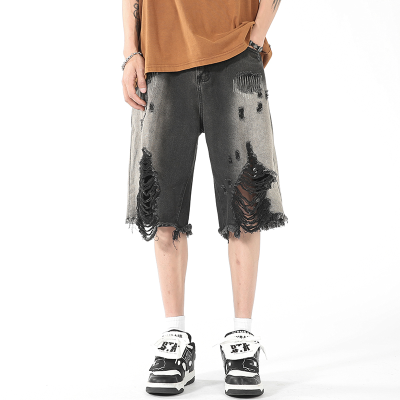 Ripped denim shorts men's summer thin cut fringed loose five quarter American high street horse pants
