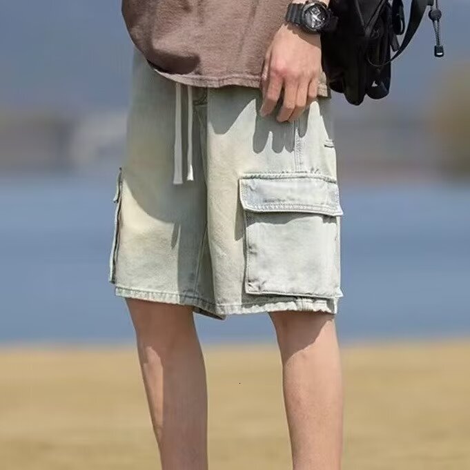 American workwear denim shorts men's 2024 summer new style washed gradient straight tube loose large pocket cool pants