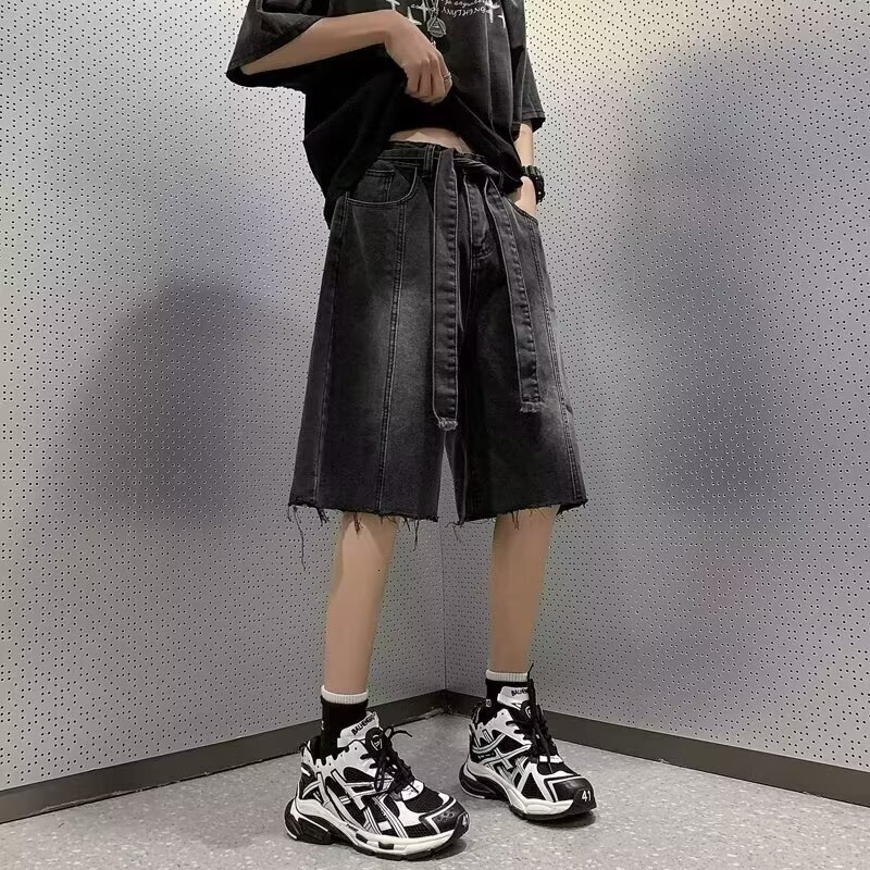 Summer thin edge denim shorts, men's trendy brand water washed casual ruffian handsome youth 5 point high street pants