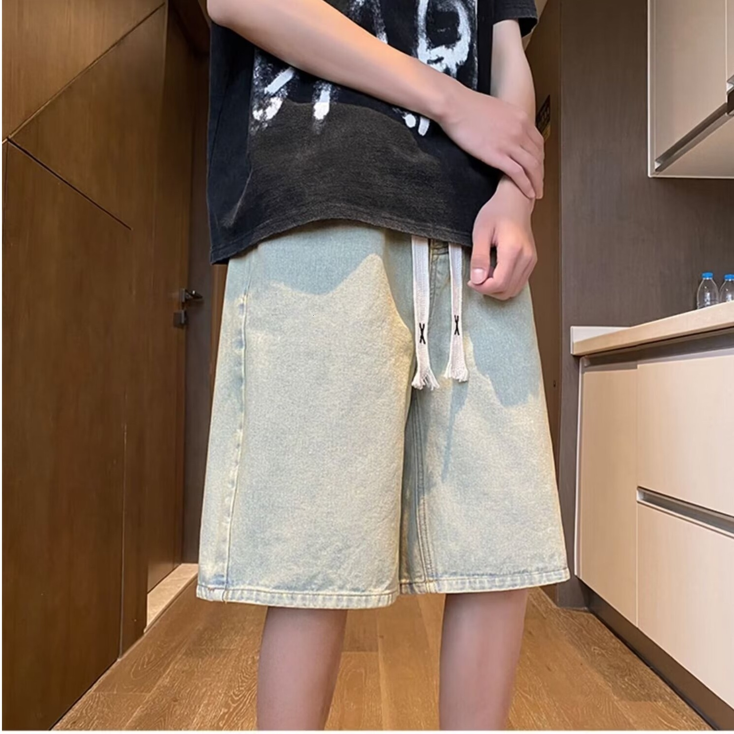 Denim in summer, thin, casual, versatile, ins high street shorts women, straight leg loose five quarter pants for men