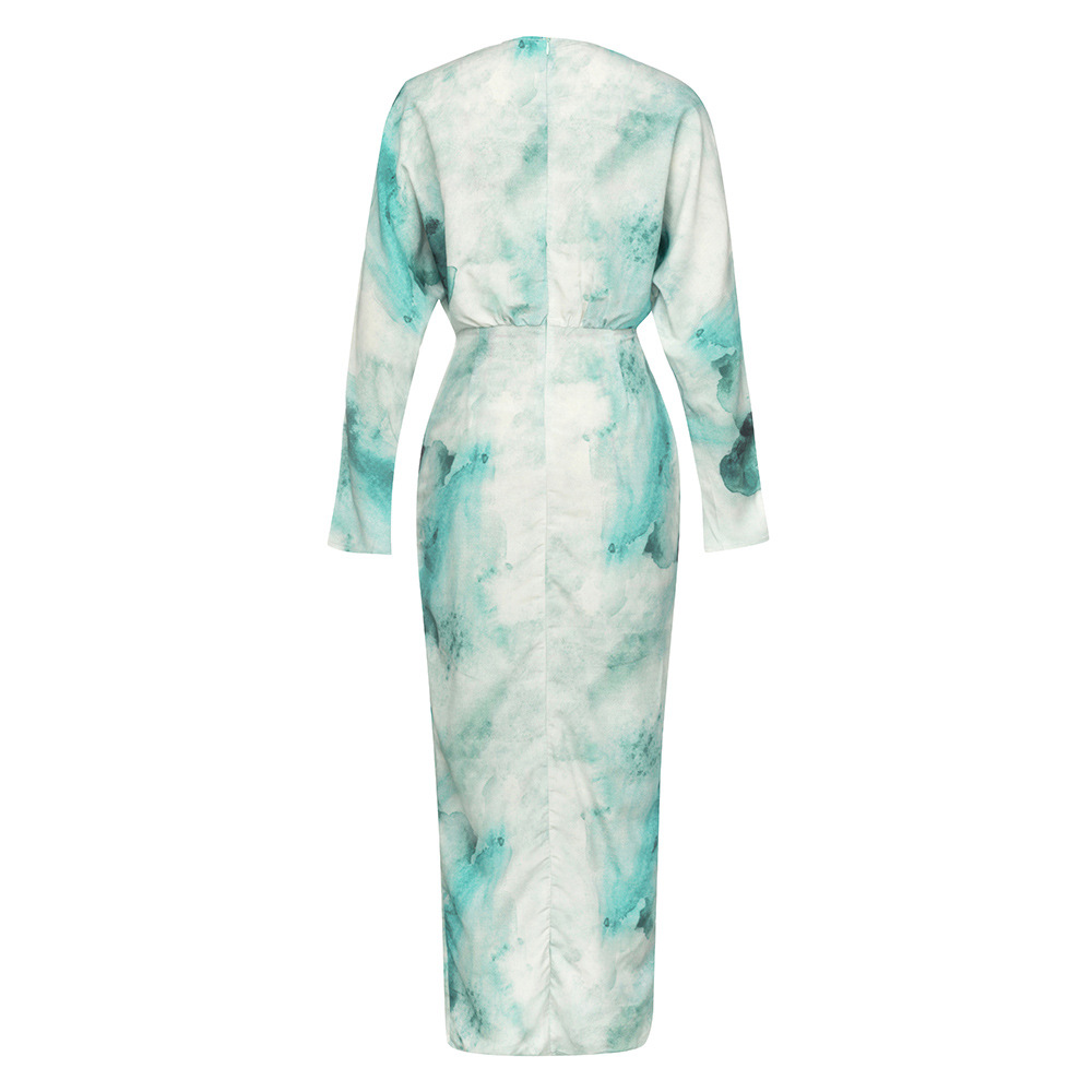 European and Americaong sleeved side slit irregular dye printed dress dress