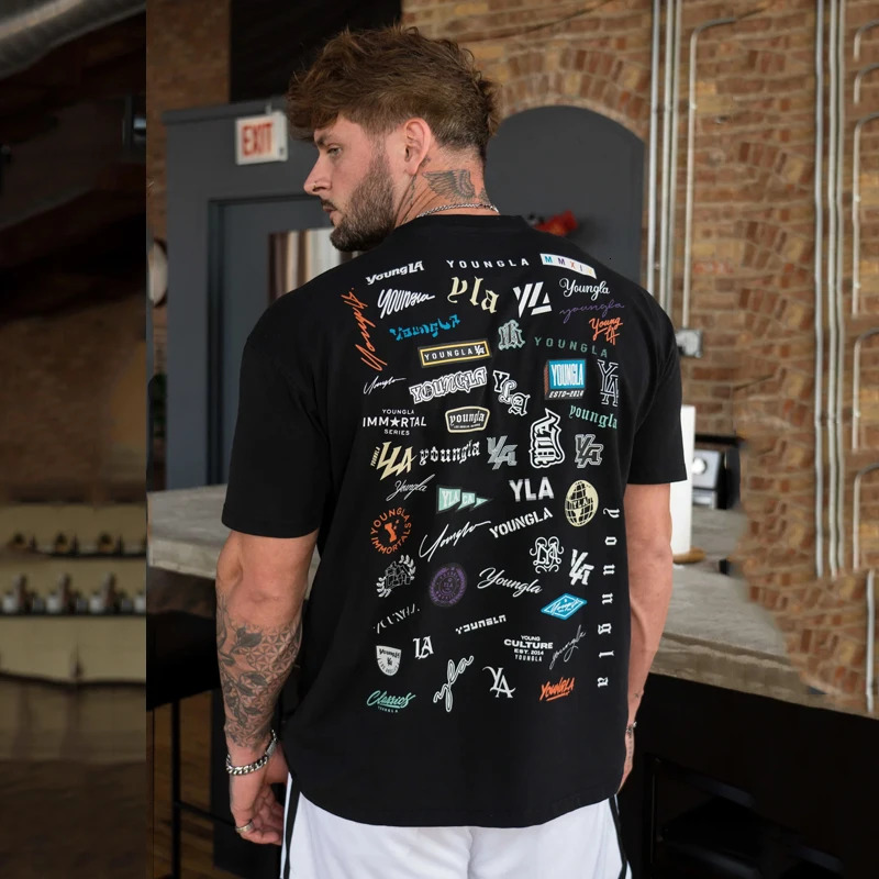 Mens Oversized TShirt Summer Sports Fitness Cotton Round Neck Full back Printed Short Sleeves Fashion trend Tshirt 240715