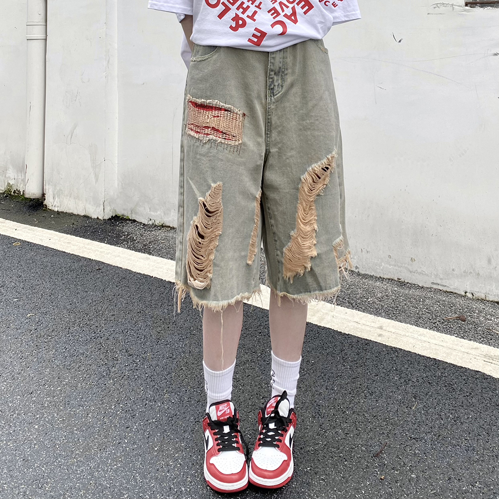 ~Trendy dressing with patch fabric, holes, casual loose denim shorts, men's and women's cropped pants