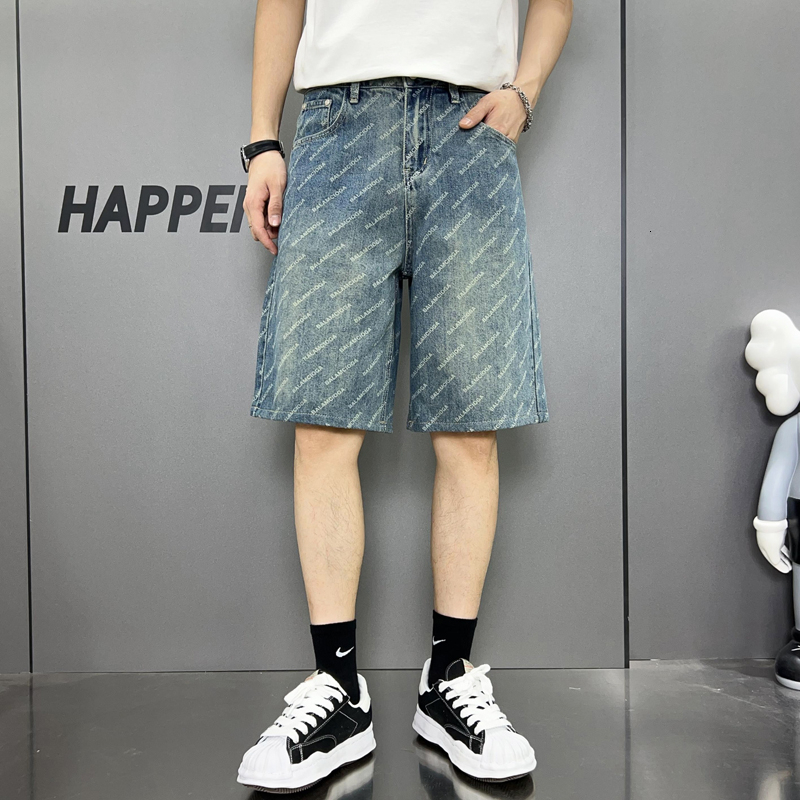 American fashion brand five quarter jeans loose straight leg fashionable printed quality men's denim shorts