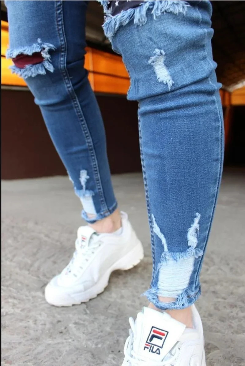 Mens Jeans Slim Pants Holes Denim Casual Trousers Trend Skinny Jeans for Men Fashion Pencil Pants Men Clothing 240709