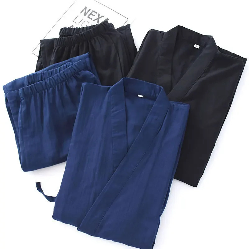 Mens Cotton Kimono Robes Pajamas Clothes Thin Spring and Autumn Black Navy Colors Home Loose Casual Men Robe Sets 240713