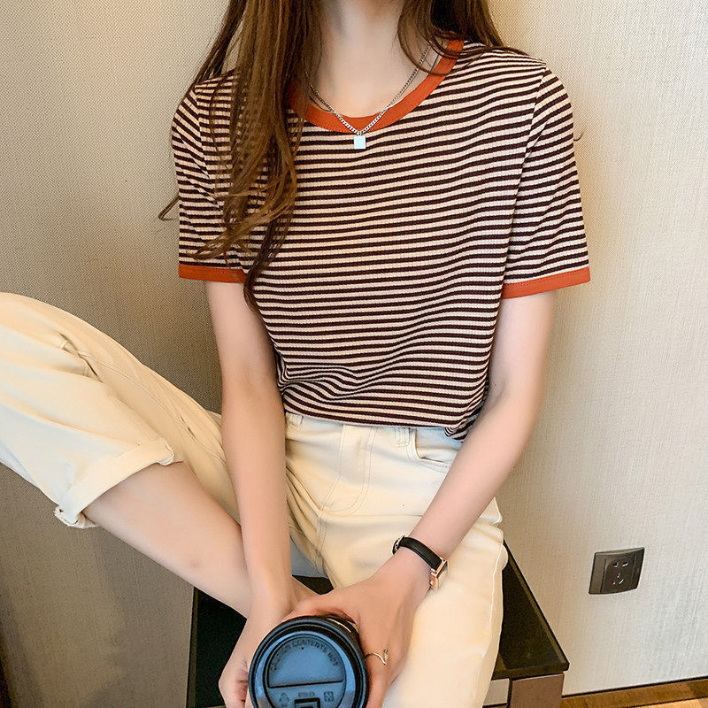 T-shirts Women's Round Neck Striped Tee Lady's Short Sleeve Female T-shirt Korean Style Fashion Top