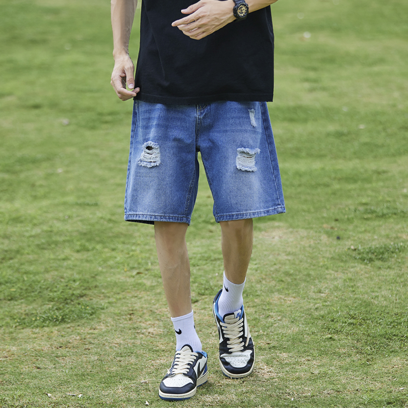 Summer ripped denim shorts men's thin fashion high street straight leg loose five quarter pants