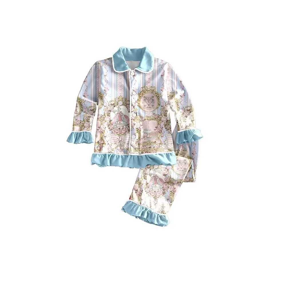 Boutique Printed Pajamas Childrens Girls Set Necklace Button Girls Pajamas 2-piece SetW240716
