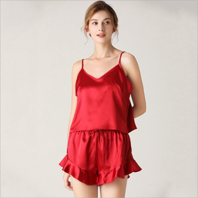 Ladies Sexy Nightwear Silk Satin Sleepwear Sleeveless Pamas Solid Pyjama Femme Fashion Pijama Set For Women