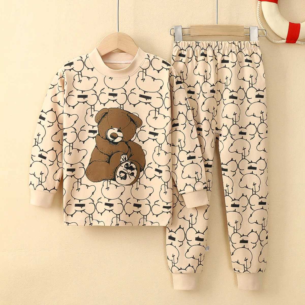 Cotton childrens casual clothing set long sleeved pants pajamas two-piece set warm and casual autumn clothing neutral cartoon styleW240716