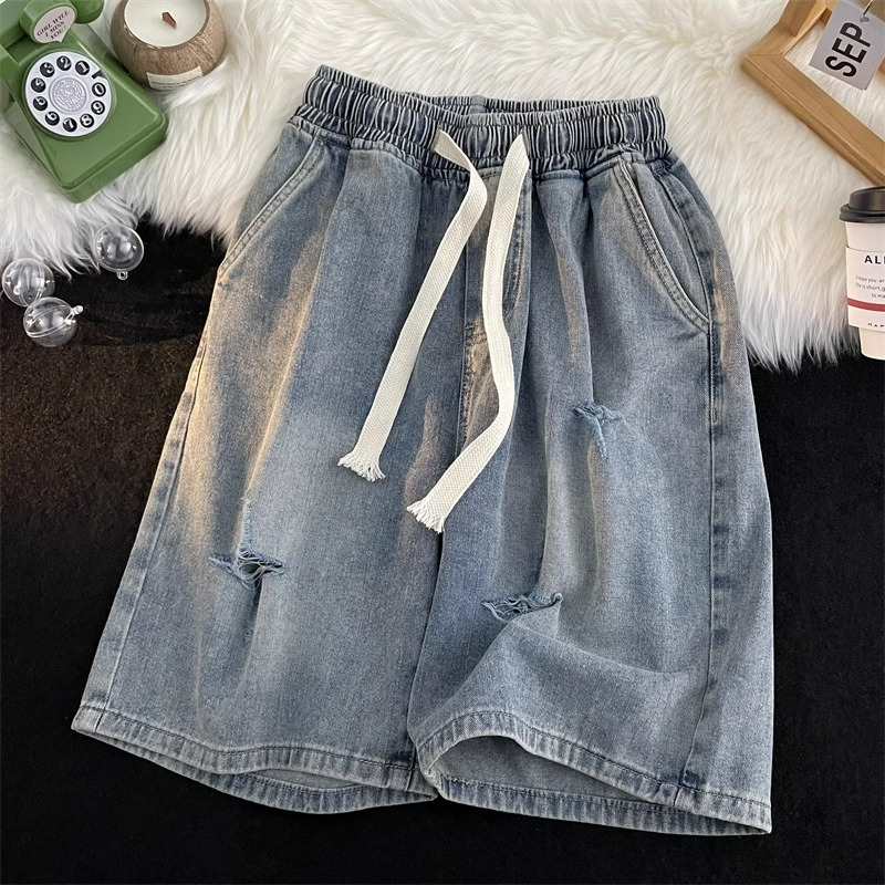 Drawstring elastic waistband distressed denim for men's summer street fashion label loose straight leg oversized casual cropped shorts