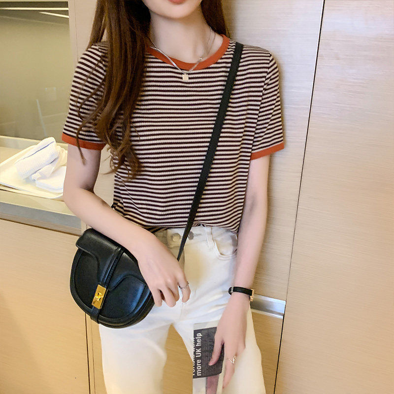 T-shirts Women's Round Neck Striped Tee Lady's Short Sleeve Female T-shirt Korean Style Fashion Top