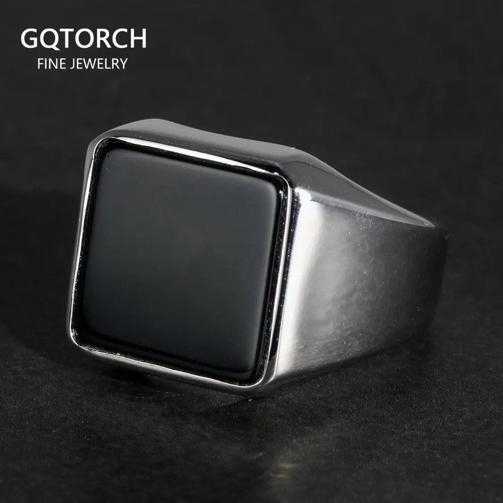 Solid 925 sterling silver square regular mens ring with natural black agate simple country flat top Holmark mens jewelry 240805