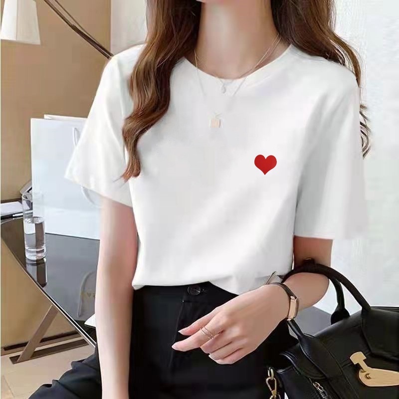 Women Simple Love Print Short Sleeve T-shirt Loose Top Korean Style Casual Tee
